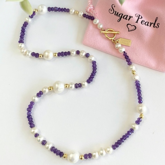 Sugar Pearls Jewelry - Freshwater Pearl, Amethyst & 14K Gold Necklace